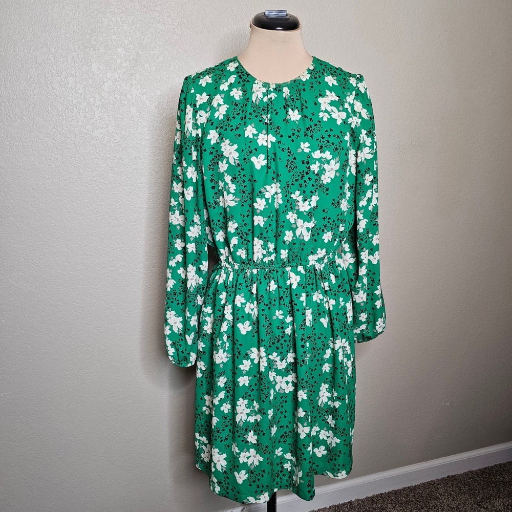 LOFT Kelly Green Floral Long Sleeve Elastic Waist Dress Womens Size M